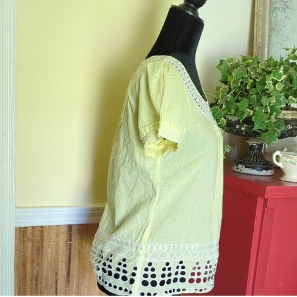 Elegant Yellow Eyelet Blouse With Bib Collar And Embellishments - Picture 4 of 5